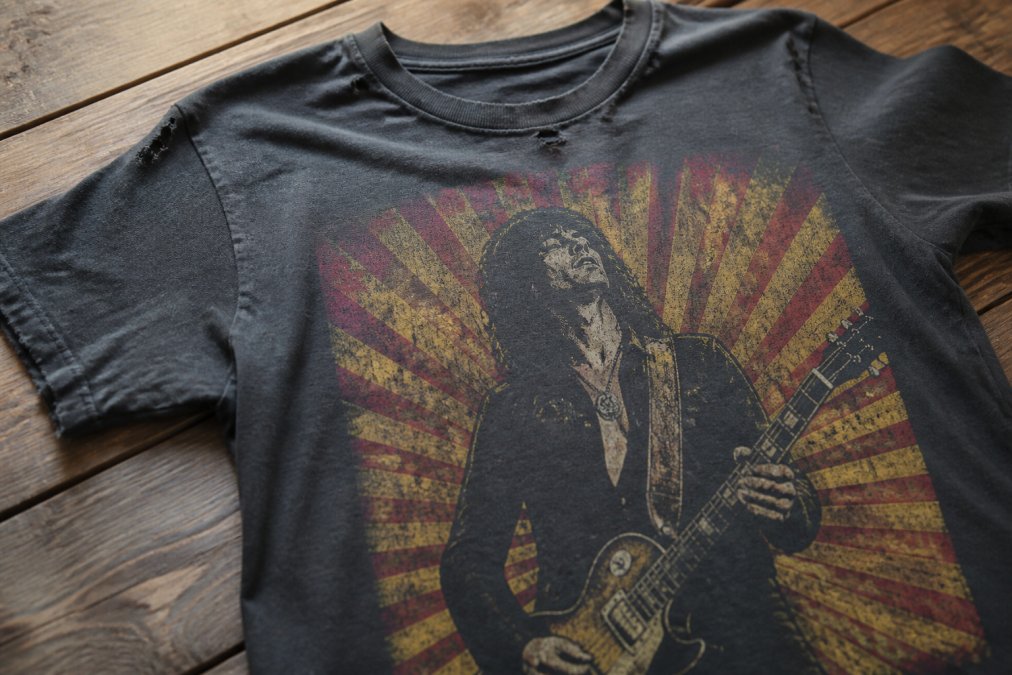 Close-up of a high-quality vintage-inspired band graphic tee showing detailed screen-printed artwork, distressed fabric edges, and faded print texture on natural cotton laid flat on a wooden surface
