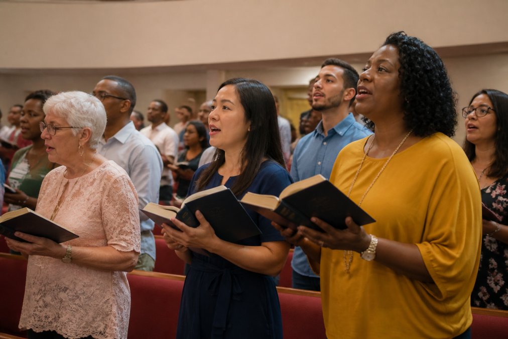 A multi-ethnic group of people singing together in diverse congregations within a sunlit church sanctuary.
