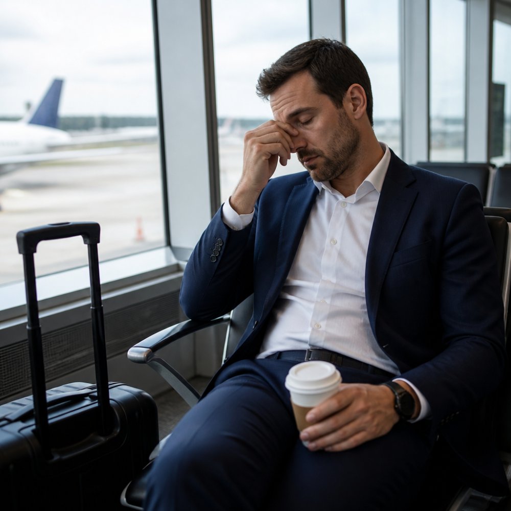 Weary business professional sitting at airport gate with coffee cup, visibly fatigued, natural window lighting showing exhaustion from travel