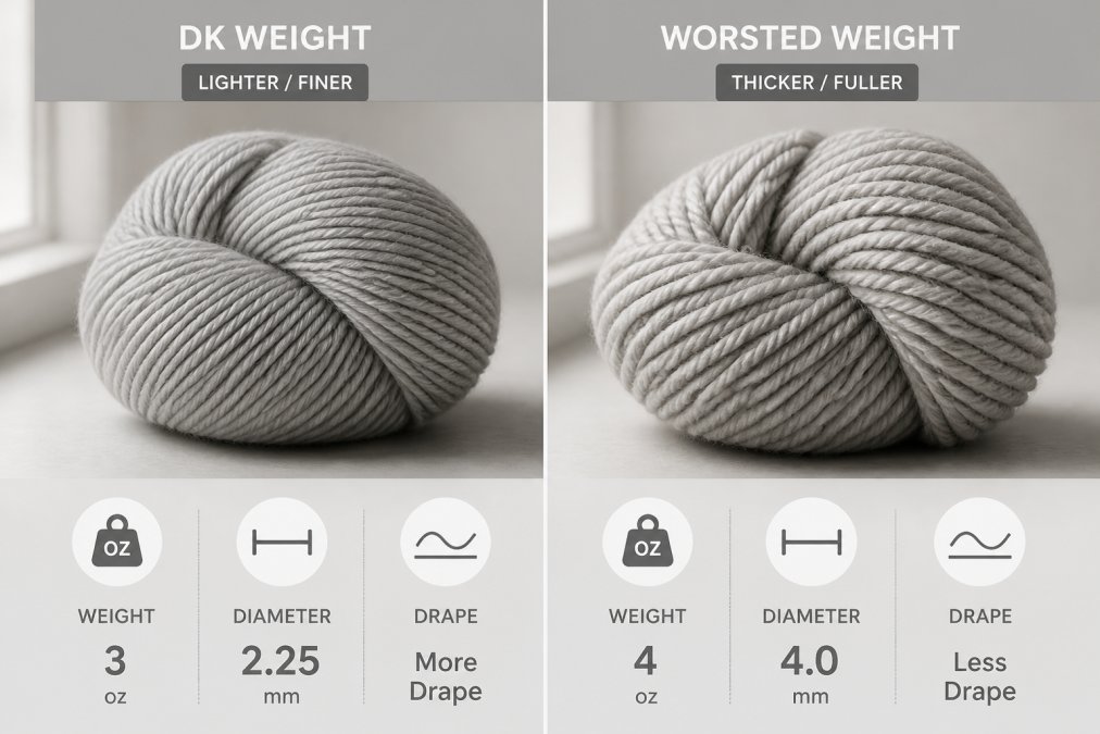 Close-up of two yarn skeins displayed side by side, one DK weight showing finer texture and one worsted weight showing noticeably thicker diameter, arranged on a neutral surface with natural window lighting highlighting the fiber detail and spin characteristics
