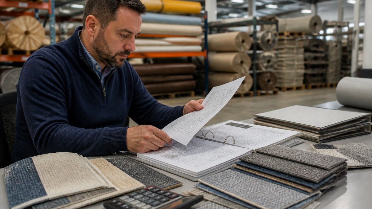Procurement manager reviewing woven vinyl flooring samples and wholesale pricing documentation at a manufacturing facility workstation, with specification sheets and material swatches spread across the desk under bright overhead lighting