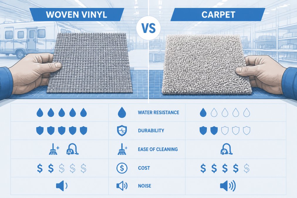 Close-up of hands comparing a swatch of woven vinyl flooring and a piece of plush RV carpet side by side on a workbench in an RV manufacturing facility