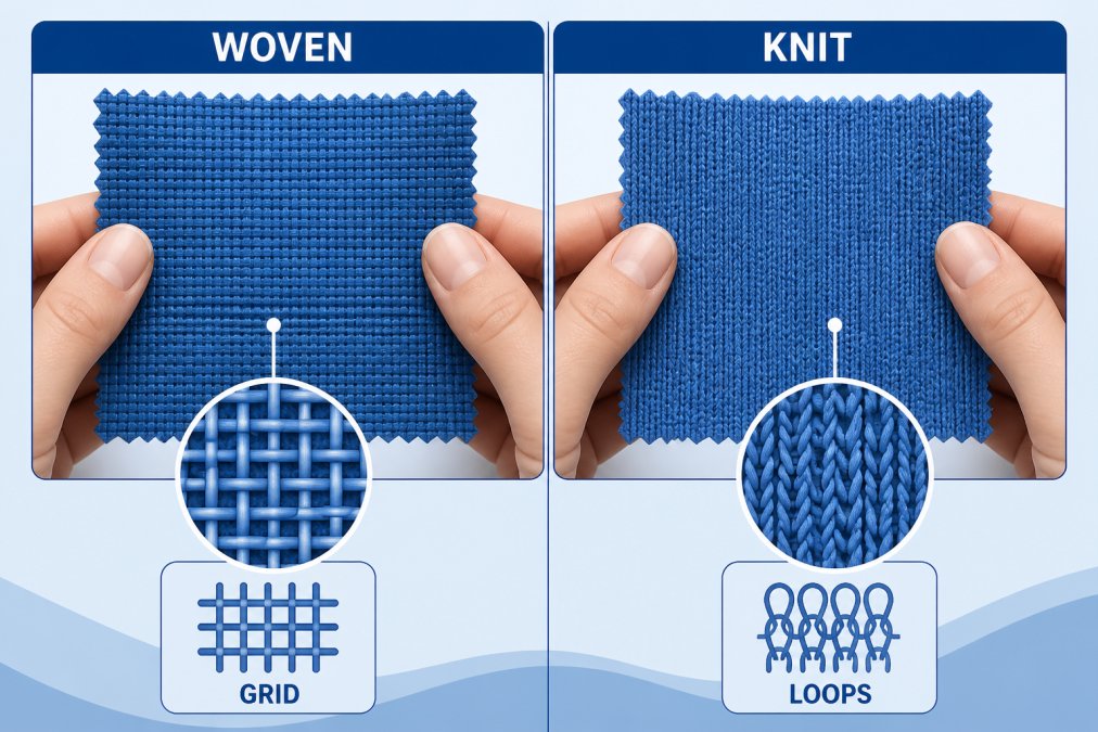 Close-up of hands holding two fabric swatches side by side under bright studio lighting, one showing a visible woven grid texture and the other a smooth knit surface with visible loops