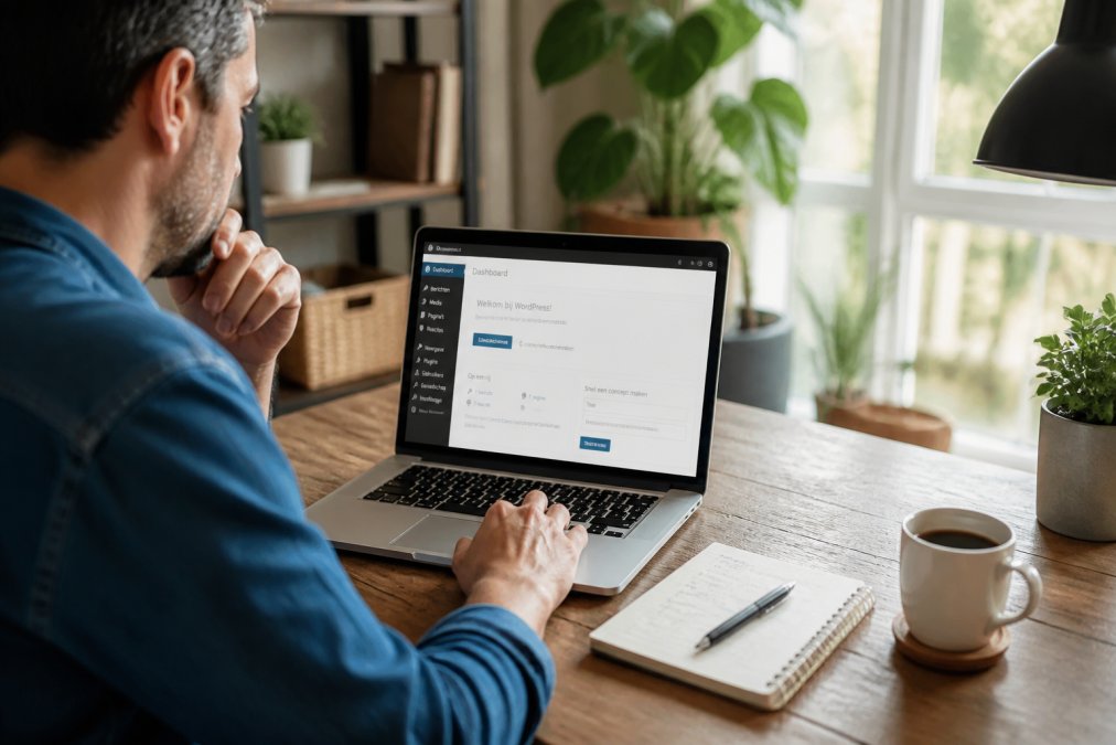 Persoon achter een laptop met WordPress dashboard, notitieblok en koffie voor wie zoekt naar WordPress hulp