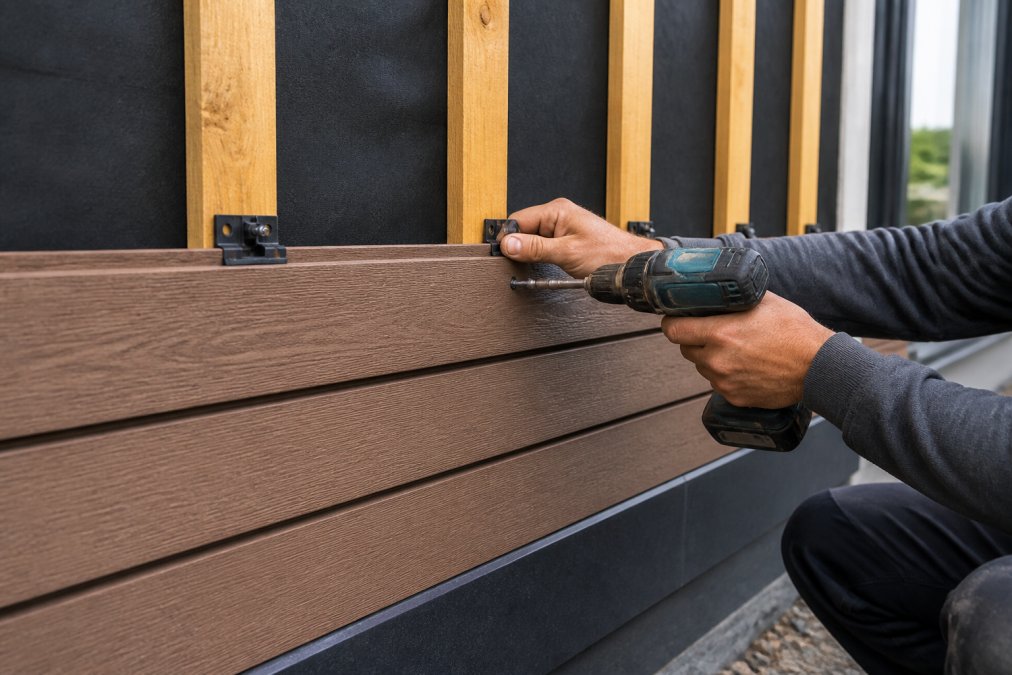 Professionele montage van WPC rabatdelen op een gevel, met zichtbare bevestigingsclips, onderconstructie en werkende handen die gereedschap vasthouden