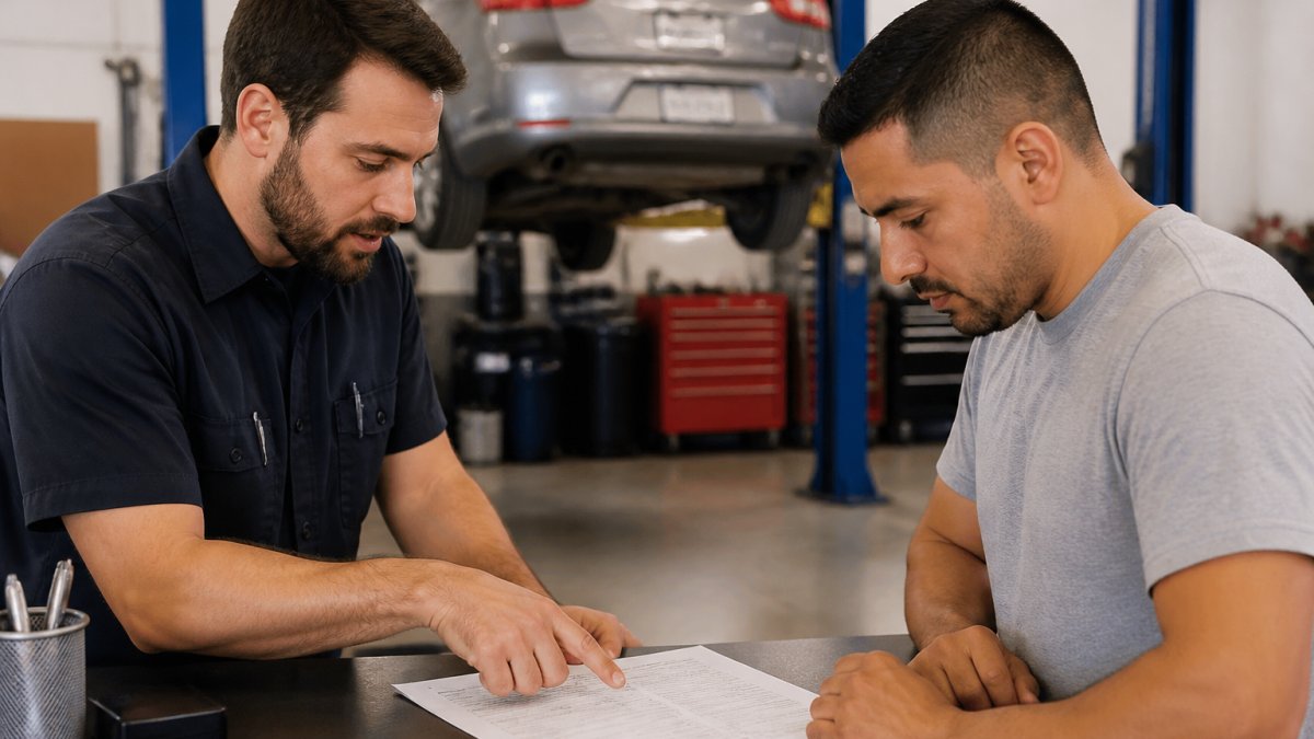 Service advisor reviewing a repair estimate with a customer at WrenchWorks vs Browns auto shop