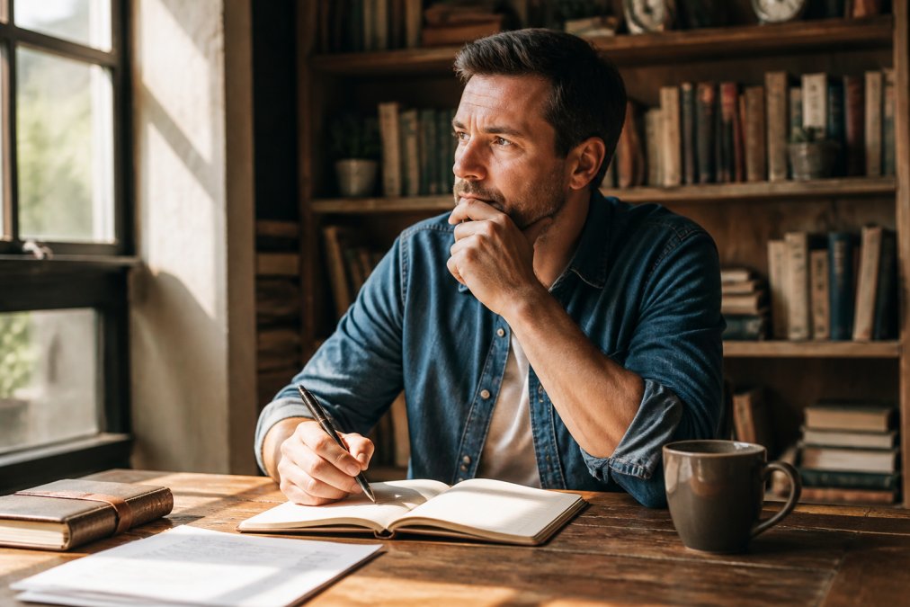 Author sitting at wooden desk with laptop and coffee cup, hand on chin in thoughtful pose, natural morning light streaming through window, focused expression