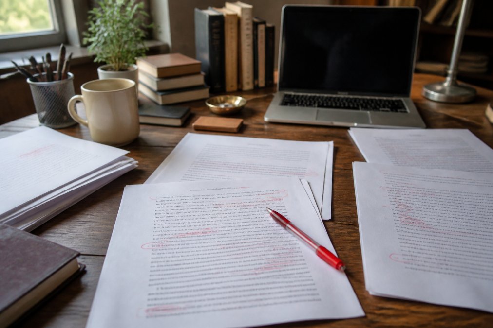 Writer's workspace with manuscript pages spread across wooden desk, red pen marks on printed pages, laptop open in background, organized and creative atmosphere