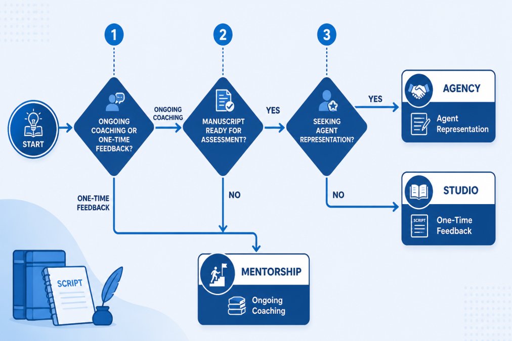 Decision tree flowchart showing: 'Do you need ongoing coaching or one-time feedback?' → 'Is your manuscript ready for assessment?' → 'Are you seeking agent representation?' with paths showing which option (studio/agency/mentorship) leads to each outcome