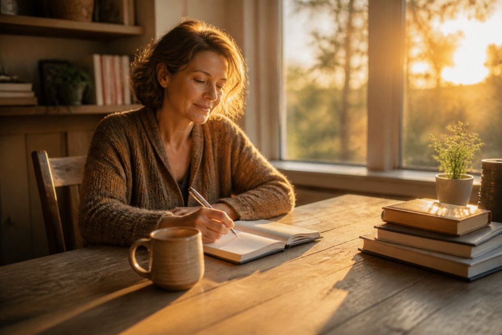 A writer sitting at a desk early morning with a warm coffee cup, notebook, and laptop, natural golden sunlight streaming through a window, peaceful and focused expression