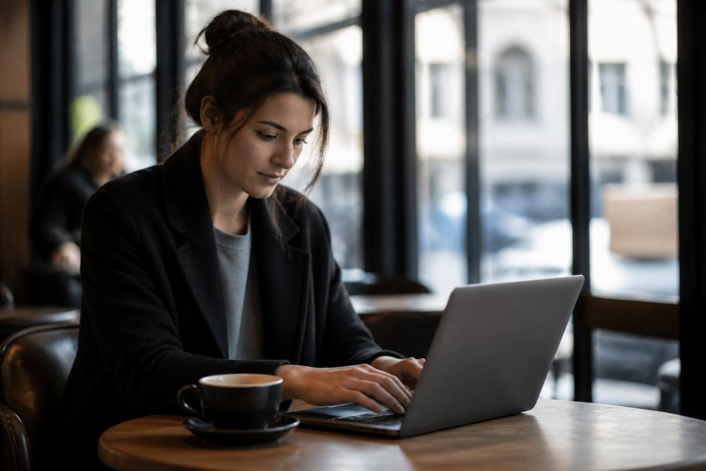 A person on public transport or in a quiet café, typing on a laptop during a lunch break, natural casual lighting, focused but relaxed posture