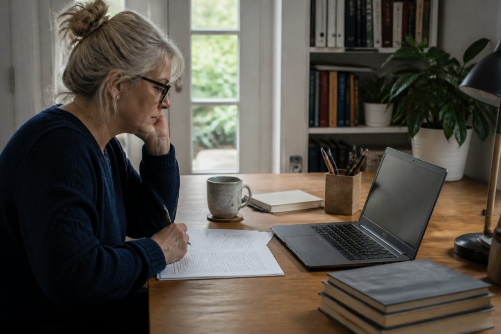 An Australian writer sitting at a tidy timber desk with a printed manuscript beside a laptop open to a publishing dashboard, a cup of tea nearby, reviewing pages in a calm, sunlit home office
