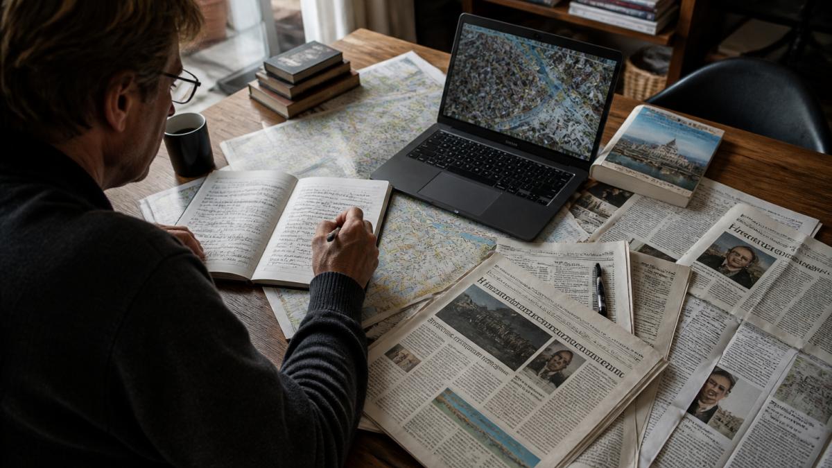 Workflow diagram for spy thriller research showing maps, notes, and digital tools for tracking locations.