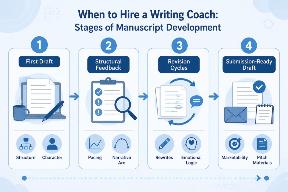 Flowchart showing manuscript development stages: First Draft (coaching for structure and character) → Structural Feedback (coach identifies pacing and narrative arc issues) → Revision Cycles (coach guides rewrites and deepens emotional logic) → Submission-Ready Draft (final coaching on marketability and pitch materials)