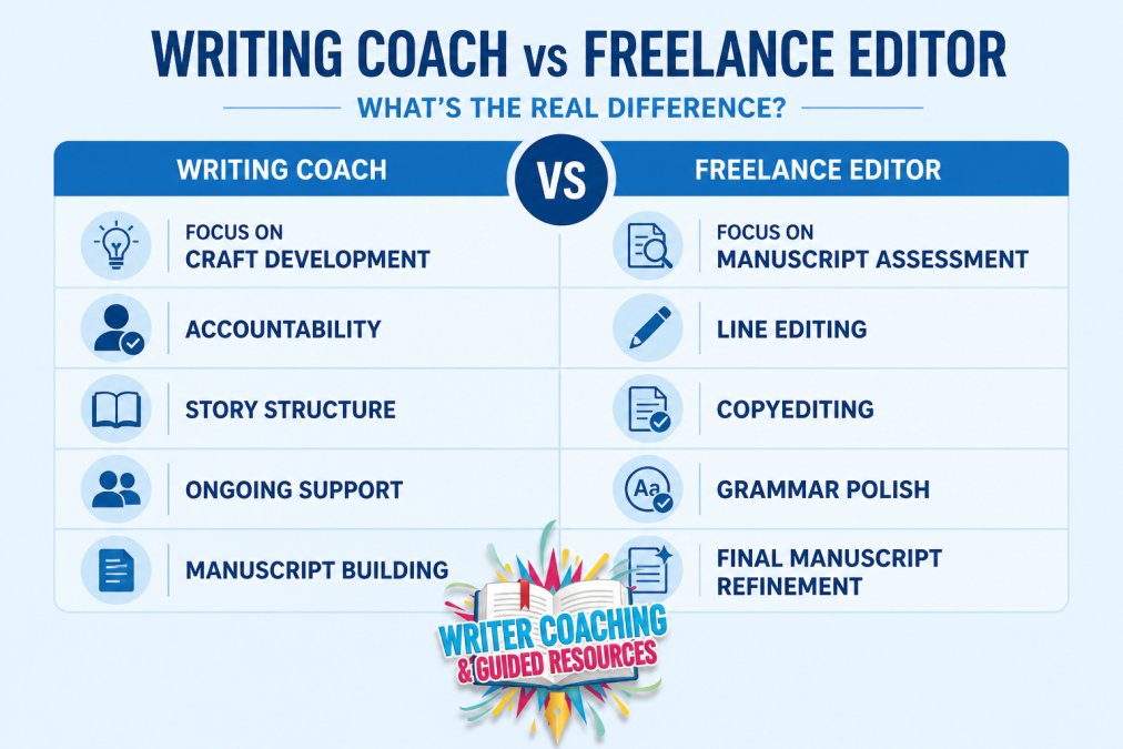 Comparison matrix showing key differences: Writing Coach (focus on craft development, accountability, story structure, ongoing support, manuscript building) vs Freelance Editor (focus on manuscript assessment, line editing, copyediting, grammar polish, final manuscript refinement)