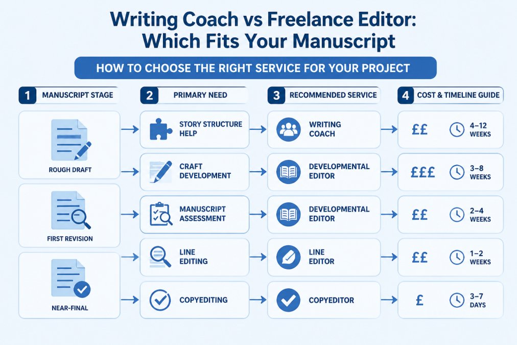 Decision flowchart: Start with manuscript stage (rough draft, first revision, near-final) → identify primary need (story structure help, craft development, manuscript assessment, line editing, copyediting) → recommended service type (writing coach, developmental editor, line editor, copyeditor) with cost and timeline indicators