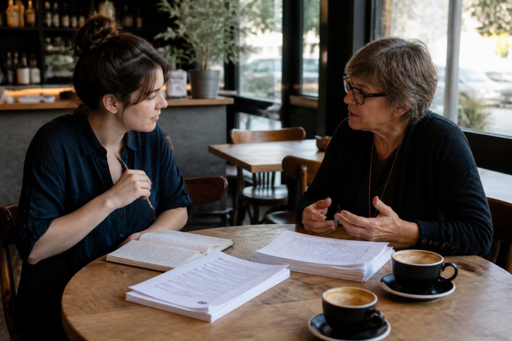 A writer and mentor seated at a wooden table in a warm, naturally lit café, with manuscript pages and notebooks spread between them, engaged in focused conversation over coffee