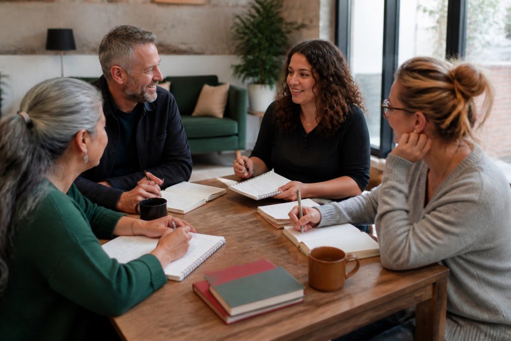 A diverse group of four writers gathered around a table in a welcoming community space with soft lighting, each with notebooks open, sharing work and offering feedback in an engaged discussion
