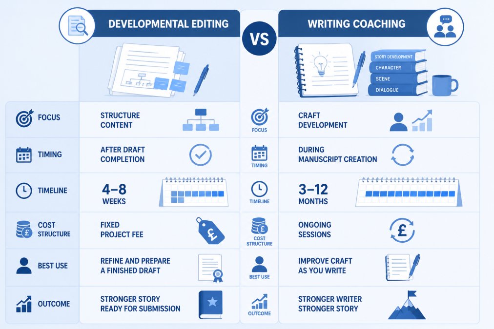 Comparison matrix showing key differences between developmental editing and writing coaching: developmental editing focuses on structure and content after draft completion with timeline of 4-8 weeks and cost structure of fixed project fee, while writing coaching focuses on craft development during manuscript creation with timeline of 3-12 months and cost structure of ongoing sessions; best use case for editing is completed drafts needing major revision, best use case for coaching is writers mid-project or building long-term skills