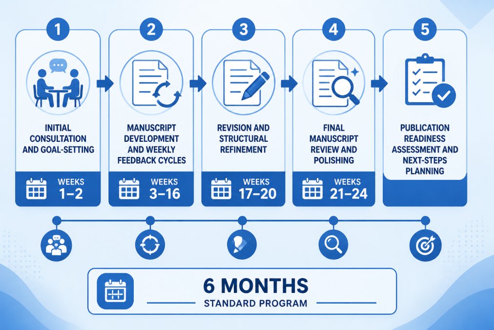 Flowchart showing the typical writing coaching journey with five stages: initial consultation and goal-setting (weeks 1-2), manuscript development and weekly feedback cycles (weeks 3-16), revision and structural refinement based on coach guidance (weeks 17-20), final manuscript review and polishing (weeks 21-24), and publication readiness assessment and next-steps planning; timeline spans 6 months for standard program