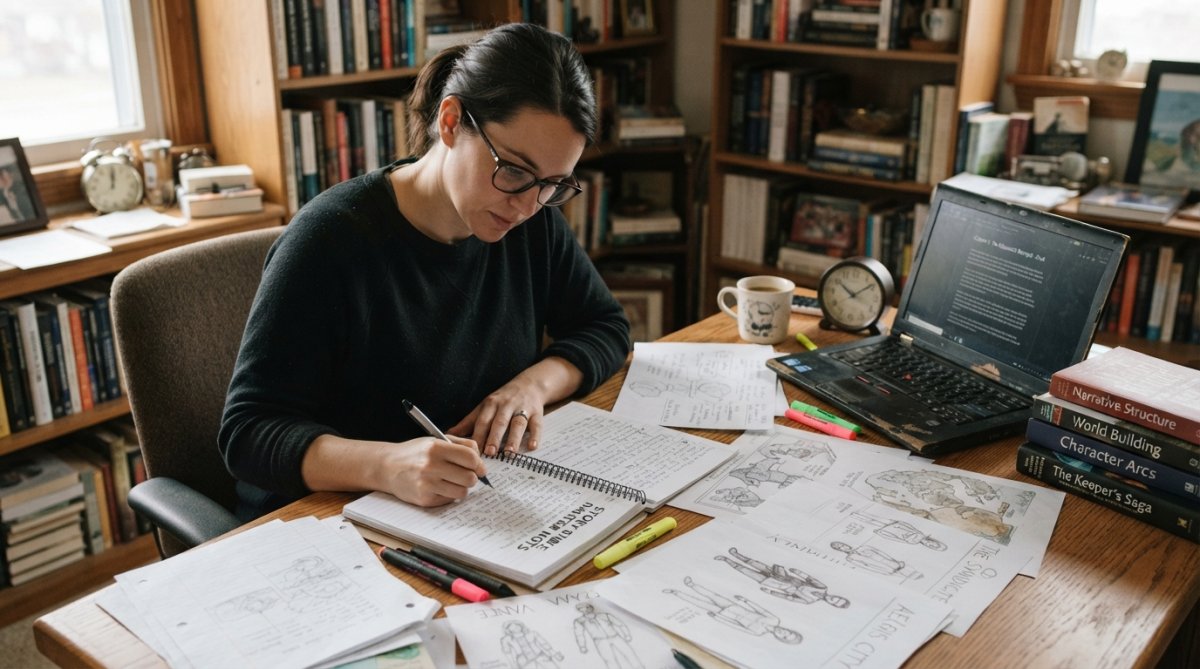 A writer sitting at a wooden desk with character sketch cards, handwritten notes, and a world-building map spread out, with a laptop open showing a detailed character profile document, natural afternoon light streaming through a window