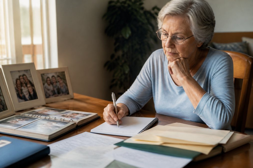 Older adult seated at a wooden desk with family photos, important documents, and a notebook, thoughtfully writing down their wishes with natural window lighting