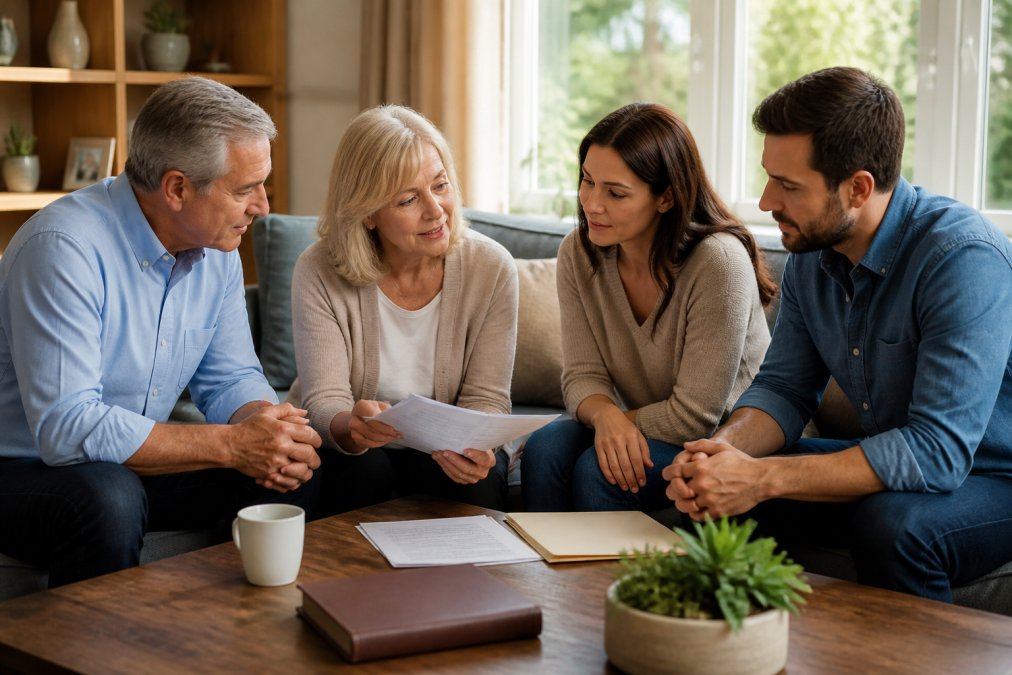 Adult family members sitting together in a living room, having a calm conversation about legacy and final arrangements, warm natural lighting