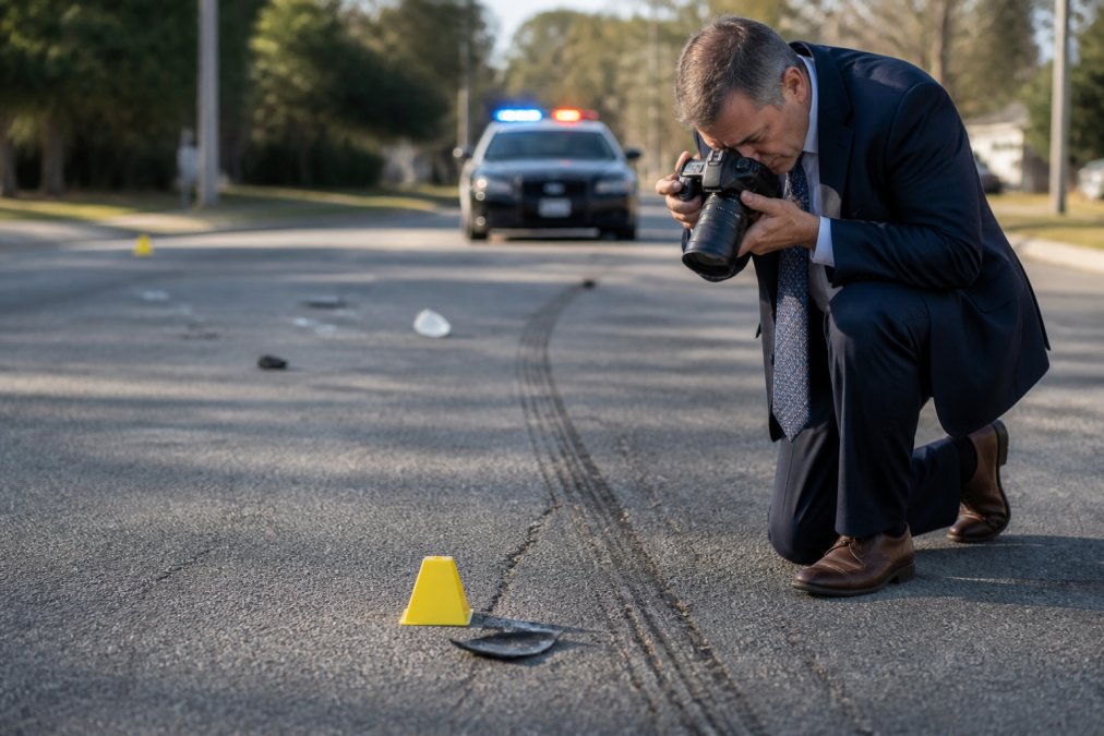 A professional investigator in business attire kneeling beside a marked evidence cone on a paved road, carefully photographing tire marks and debris with a DSLR camera, with a police cruiser blurred in the background
