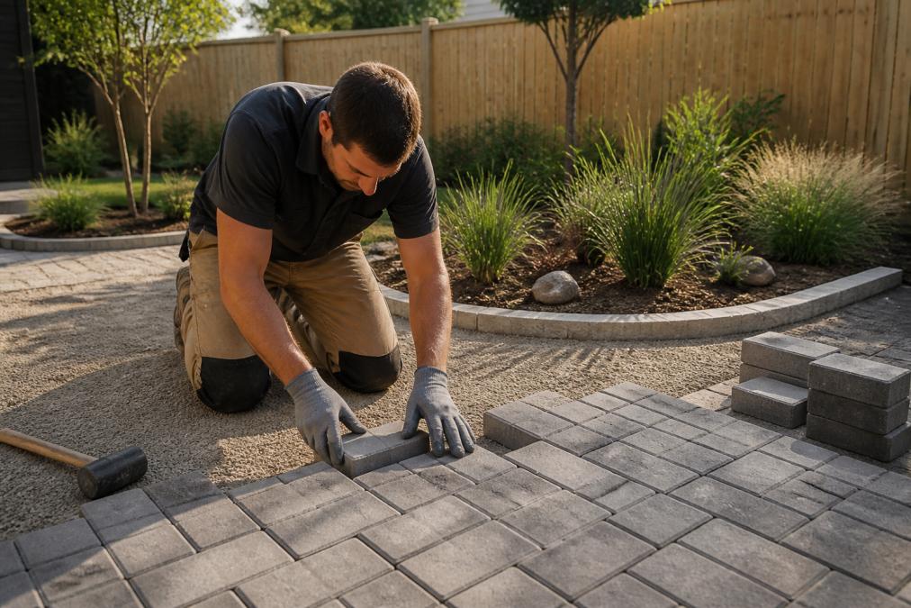 A landscaper in work clothes installing permeable paving in a residential backyard, kneeling on a gravel base with a newly constructed rain garden behind, planted with native grasses, soft afternoon sunlight