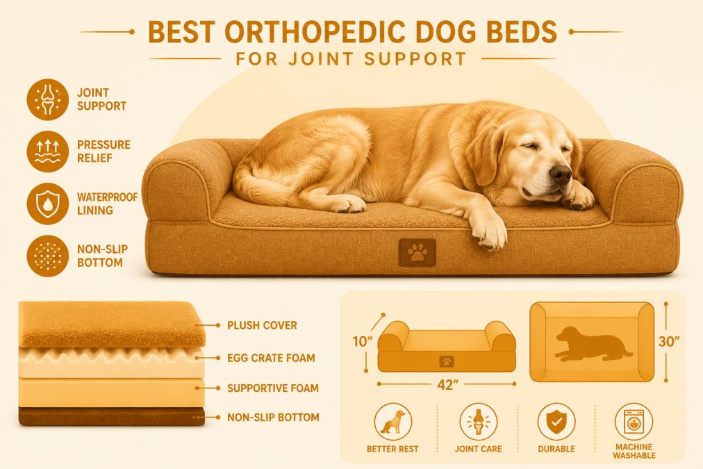 Senior golden retriever resting peacefully on a thick orthopedic foam bed with visible bolster support, showing relaxed posture and comfort