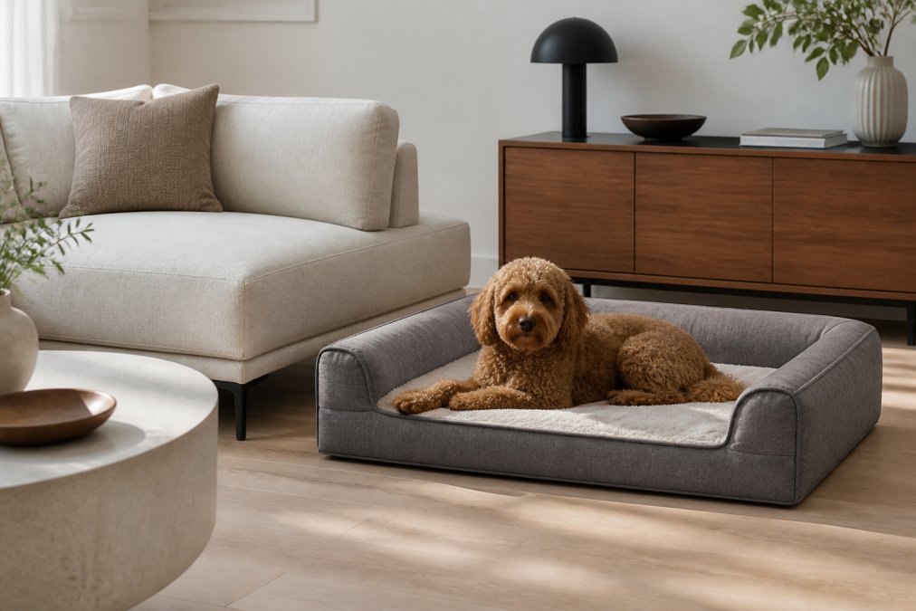 Modern minimalist living room with a neutral-toned orthopedic dog bed that blends seamlessly with contemporary furniture, a relaxed dog lounging on the bed