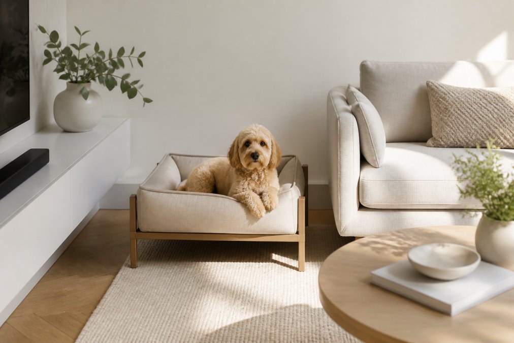 Modern minimalist living room with a beige elevated dog sofa bed positioned next to human furniture, showing seamless aesthetic integration and natural afternoon light