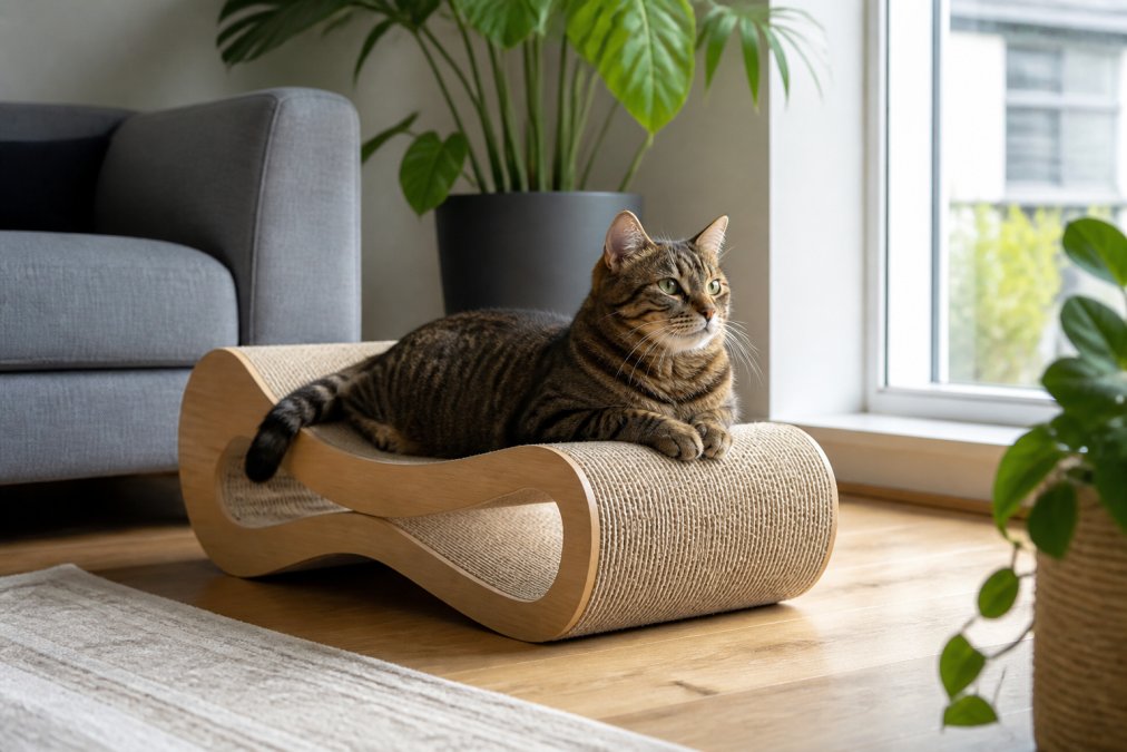 Gato atigrado descansando en un rascador de madera, ideal para la comparativa Wunderpets vs Organicpetboutique.