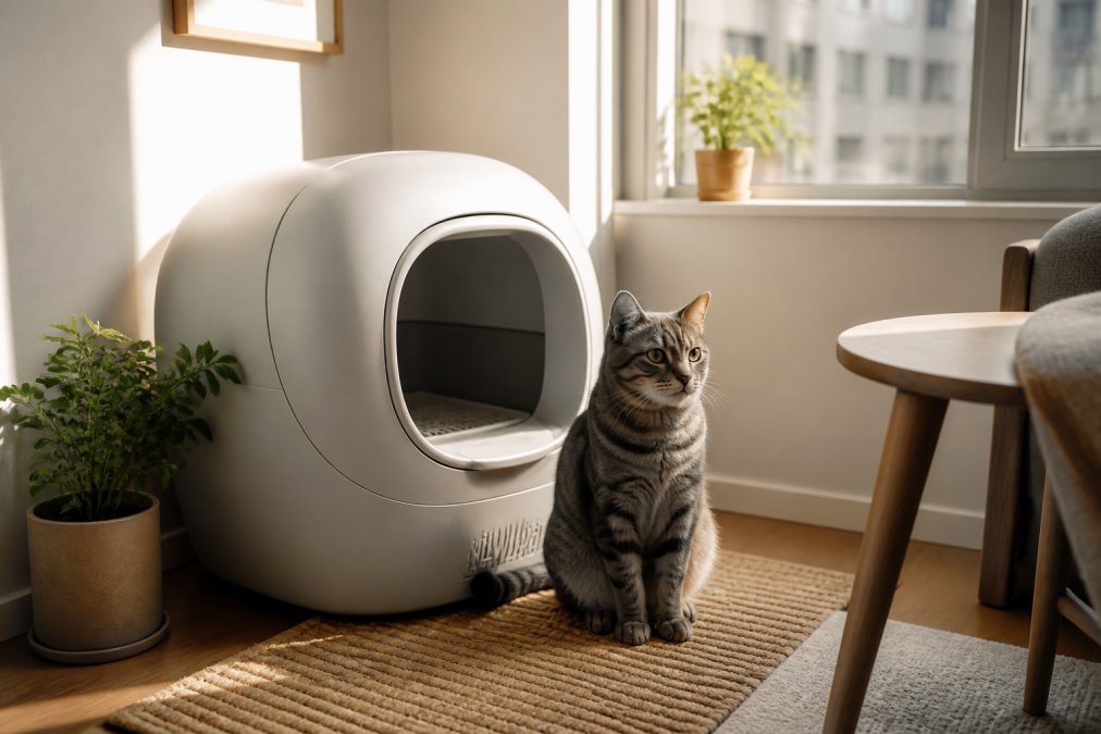A gray tabby cat sitting calmly beside a modern enclosed automatic litter box in a bright apartment corner, a smartphone resting on a side table showing a pet care app, soft morning light through a window