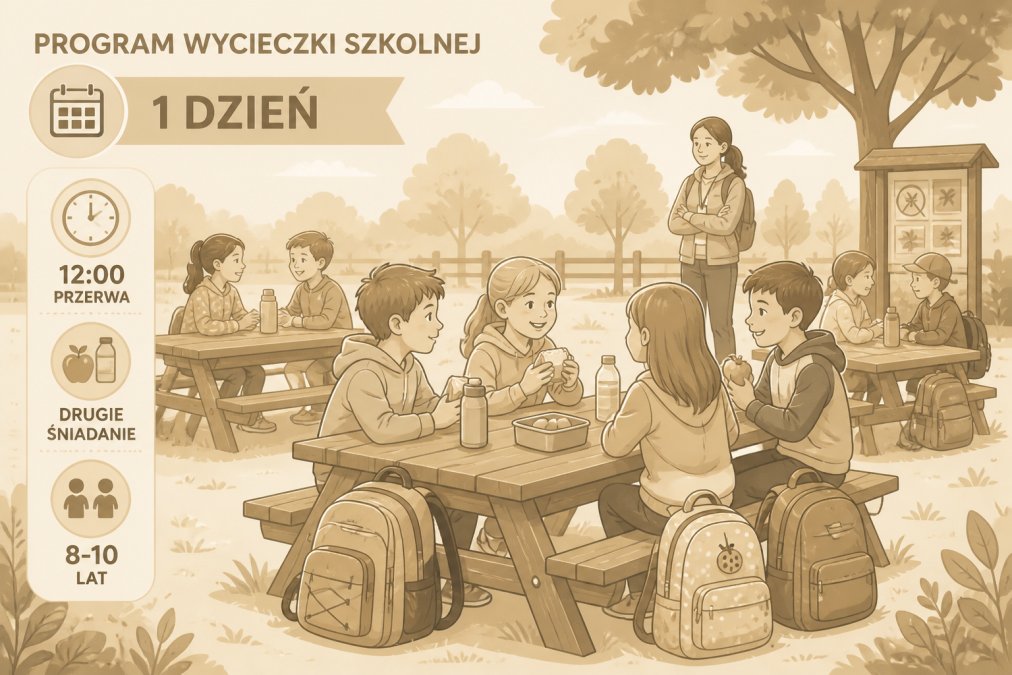 Dzieci w wieku 8-10 lat siedzące przy drewnianych stolikach piknikowych na świeżym powietrzu podczas przerwy na drugie śniadanie, kolorowe plecaki oparte o ławki, opiekun stojący w tle przy grupie, słoneczny dzień w parku