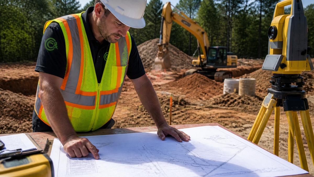 Professional construction supervisor reviewing detailed site blueprints and project specifications at a job site table with surveying equipment and grading equipment visible in the background