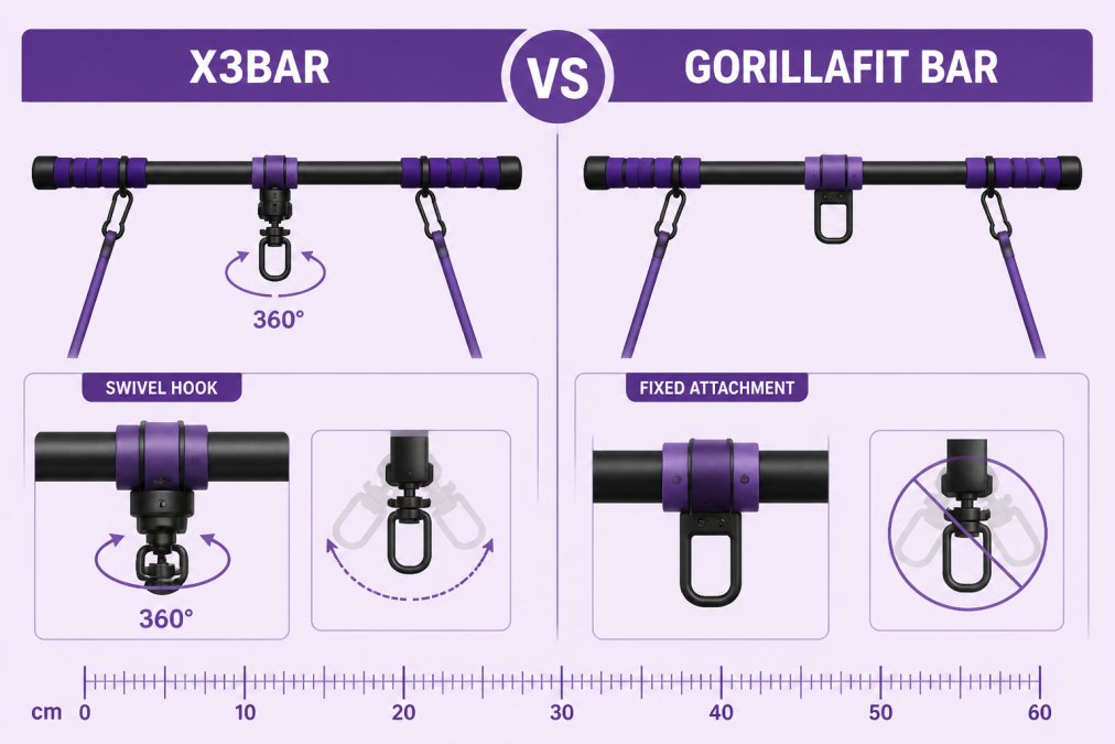 Side-by-side comparison of X3bar and GorillaFit bars showing swivel hook vs. fixed attachment points, with a ruler for scale