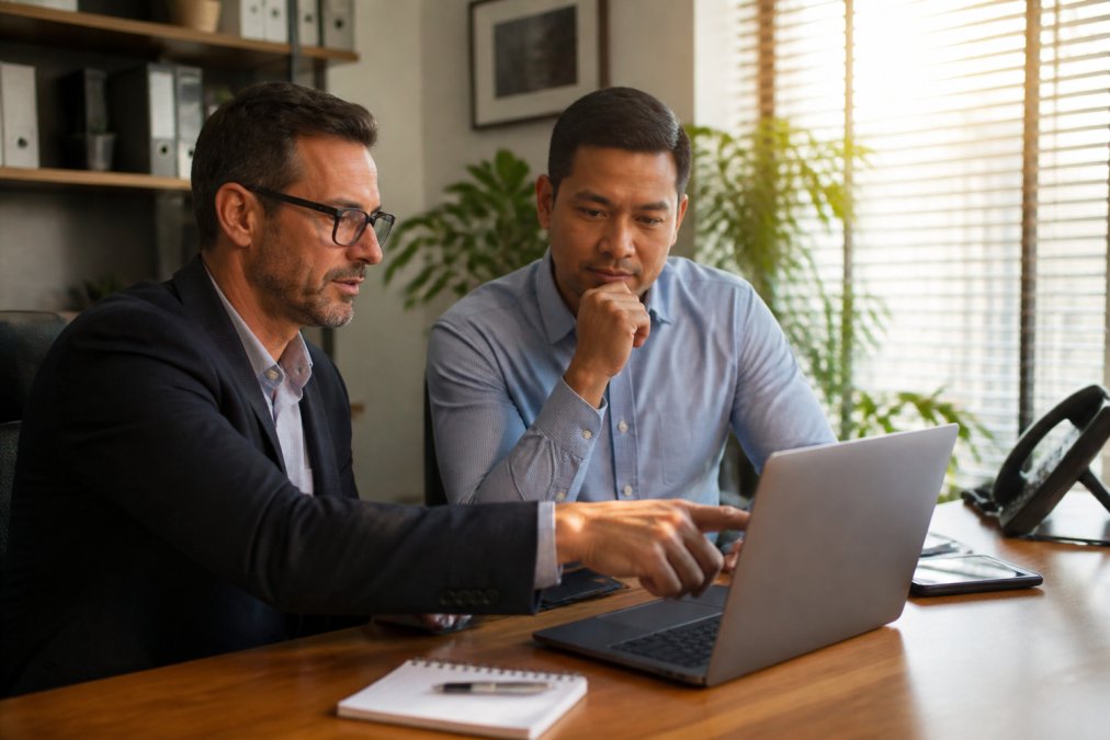 A small business owner and an IT consultant reviewing a laptop screen together in a modern office, pointing at a network diagram on the screen, warm afternoon light through window blinds