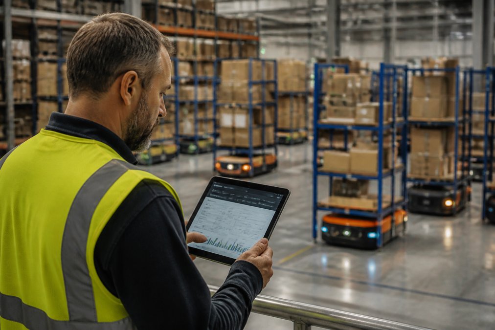 A warehouse operations manager in a safety vest reviewing a tablet dashboard showing real-time inventory and robot fleet data, with autonomous mobile robots moving shelving units in the background of a modern fulfillment center