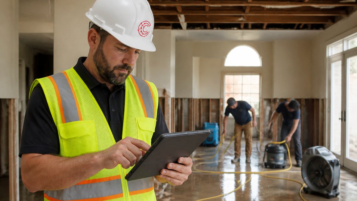 A restoration project manager in a hard hat and safety vest looking at a tablet while standing inside a water-damaged home, with a crew working in the background