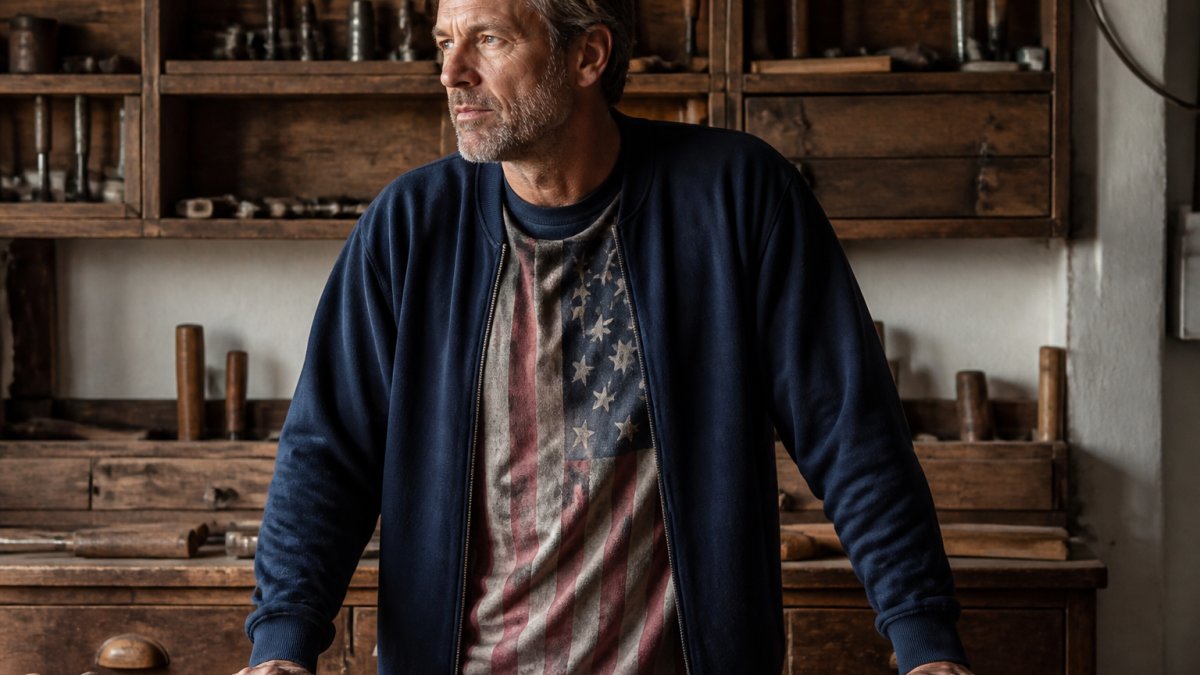 Mature man wearing a XEDITION77 crewneck sweatshirt and vintage flag tee, hands resting on a workbench with tools in soft natural light, showing fabric texture and lived-in comfort