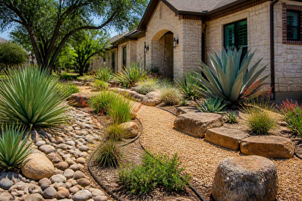 A vibrant residential front yard in Texas featuring native plants, decorative gravel pathways, and a drip irrigation system, with a homeowner inspecting healthy agave and ornamental grasses