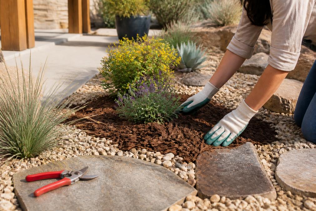 Homeowner spreading mulch in a xeriscape bed to reduce lawn maintenance costs and water usage.