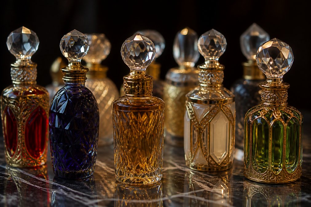 Luxury fragrance bottles with ornate crystal stoppers and elegant labeling displayed on a dark reflective surface, showcasing the craftsmanship of niche perfumery