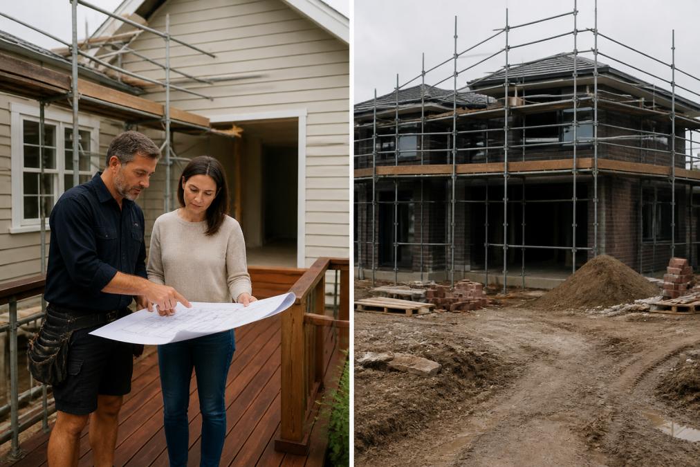 Builder and homeowner reviewing extension plans on a timber deck, a quality xl built alternative for your home.