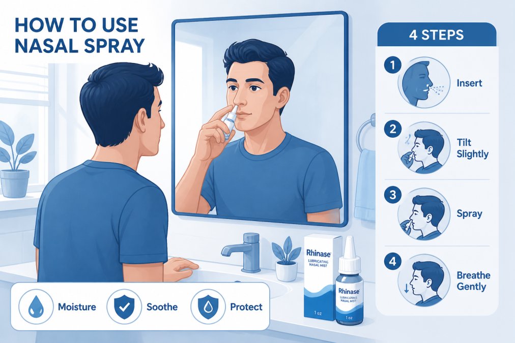 Person using a nasal spray in front of a bathroom mirror with soft morning light, showing proper application technique with relaxed posture and clear visibility of the spray bottle