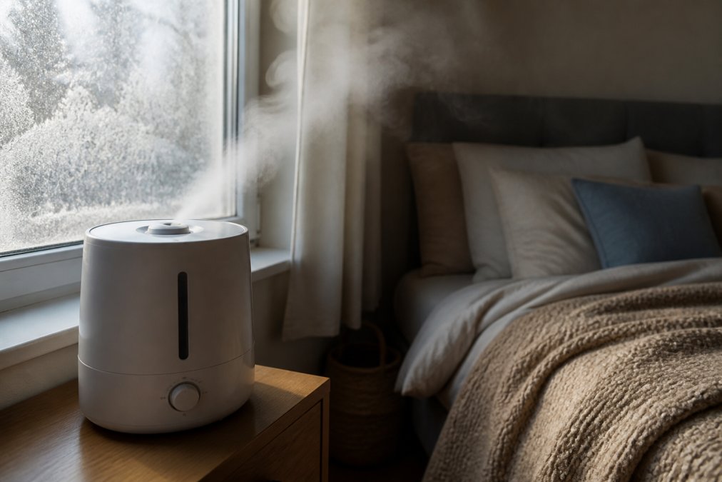 Close-up of a humidifier running in a bedroom during winter, with frost visible on a nearby window and warm mist rising from the device