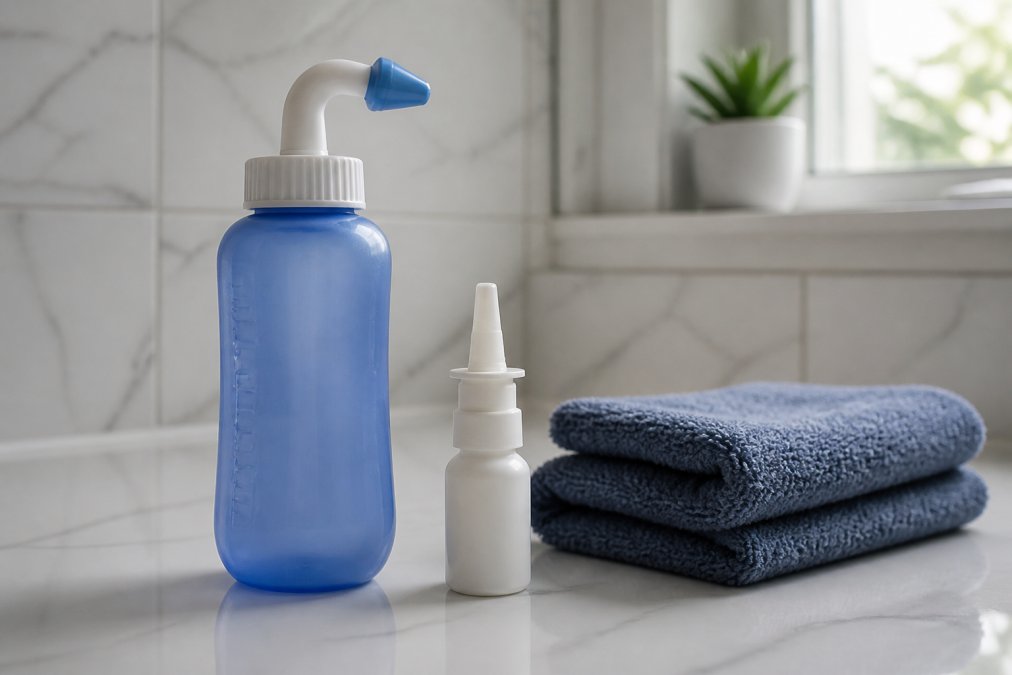 A clean white bathroom counter with two distinct nasal care products side by side: a large blue squeeze bottle for sinus rinsing and a small white spray bottle, with a neatly folded hand towel nearby under soft natural window light