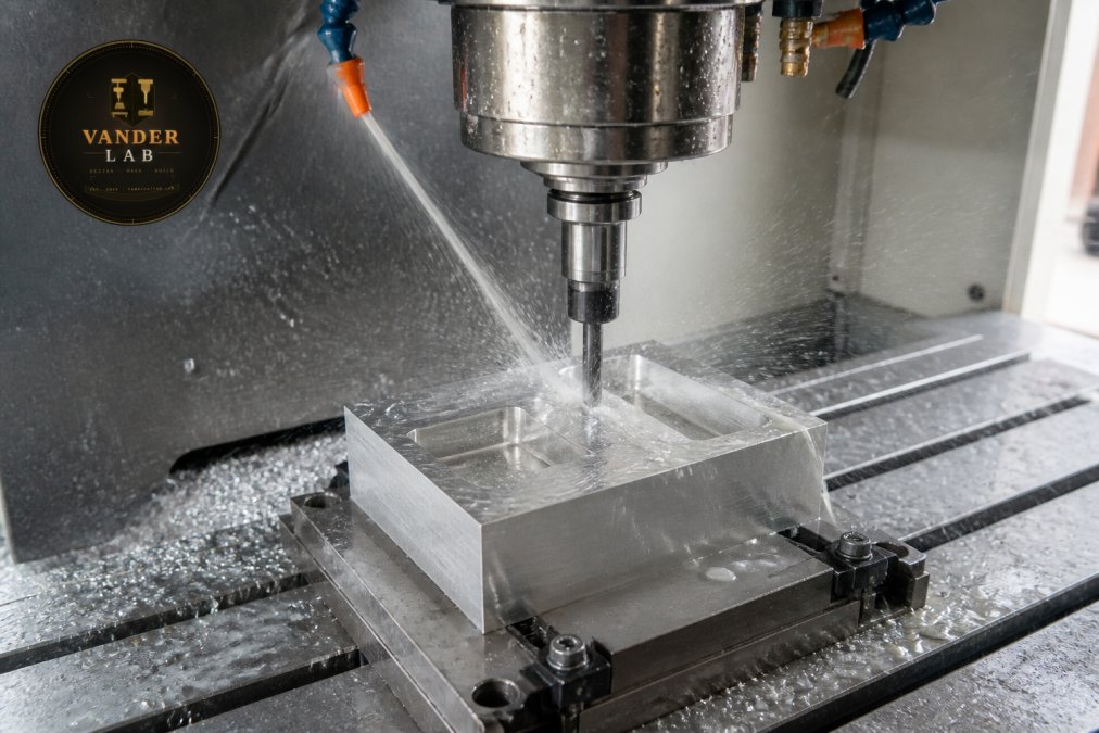 Close-up of a CNC milling machine cutting an aluminum block with coolant spraying, chips visible, in a bright fabrication shop