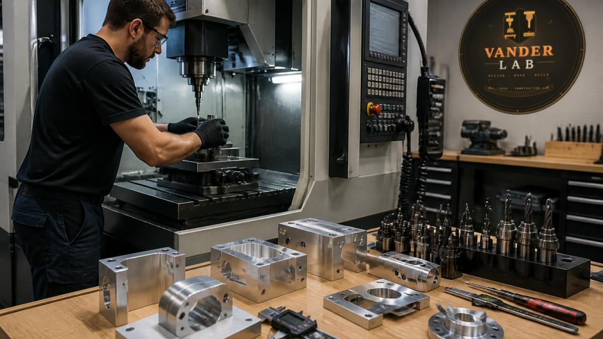 Professional hands working on precision CNC machining equipment in modern fabrication shop, metal parts and cutting tools visible under bright workshop lighting